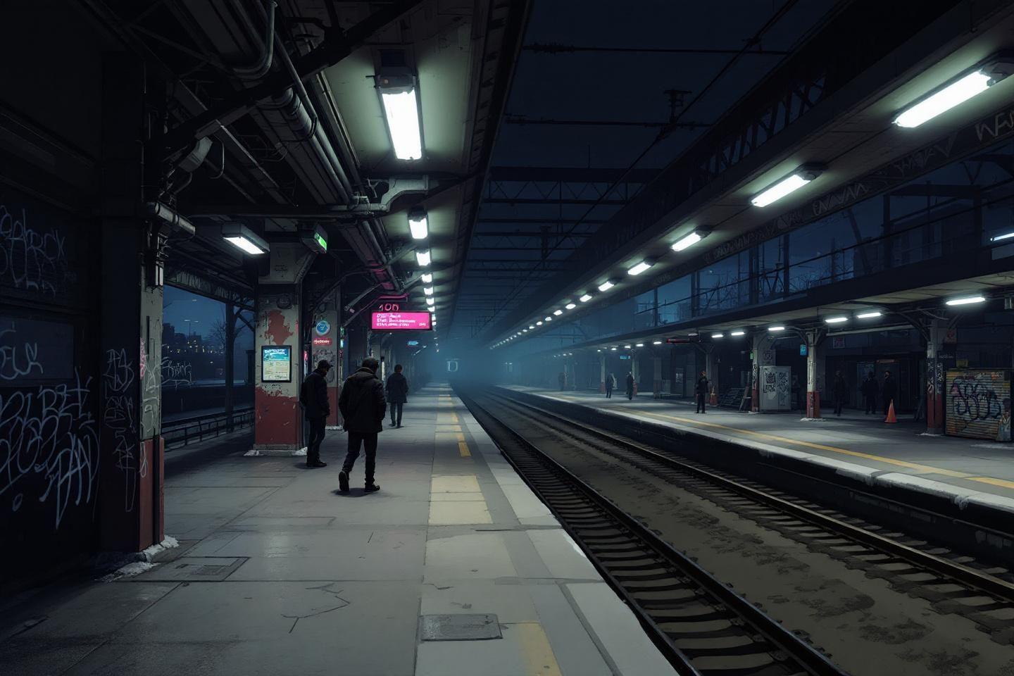 Station de m&eacute;tro vide avec &eacute;clairage artificiel et personnes lointaines