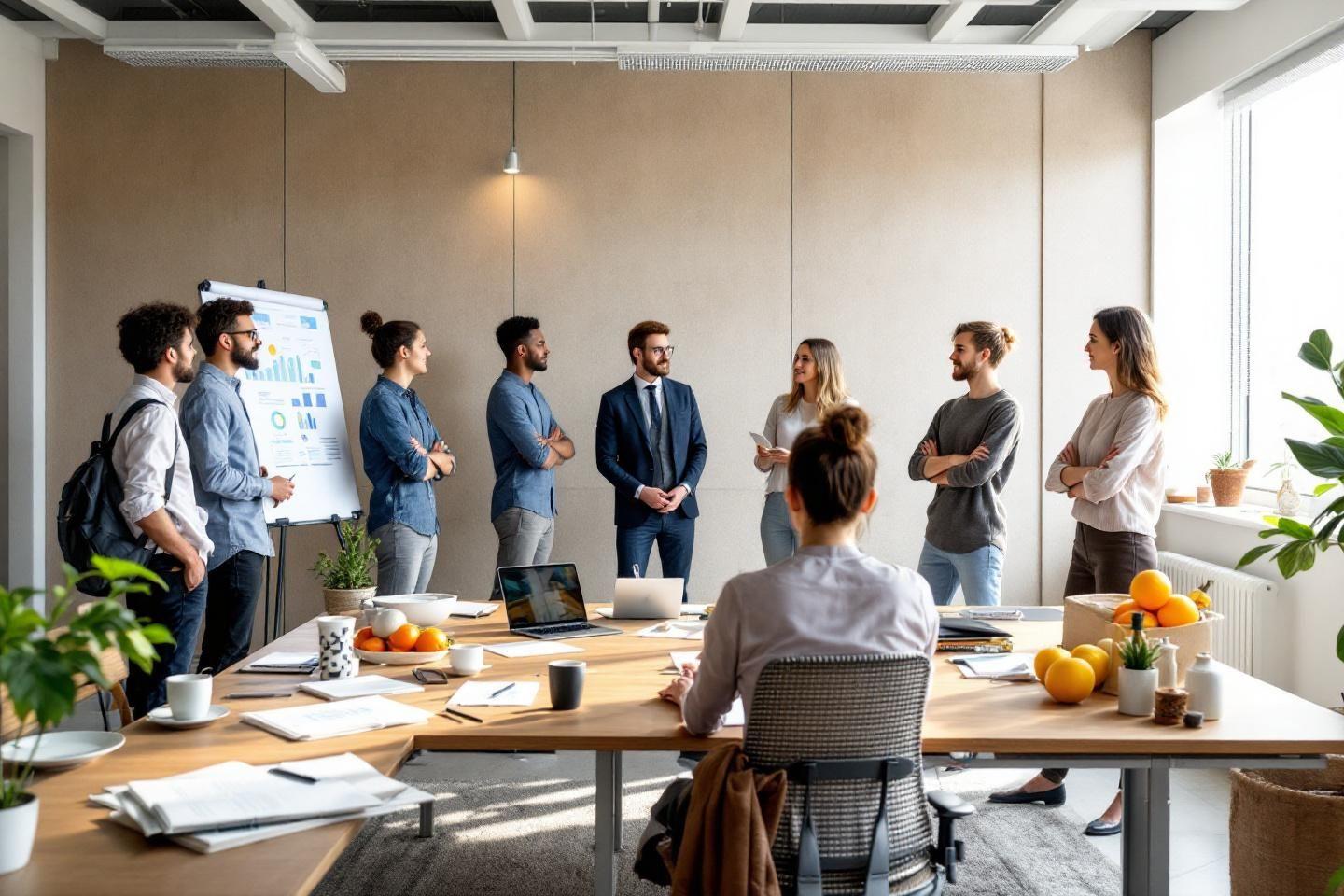 Groupe de professionnels en discussion dans un bureau lumineux