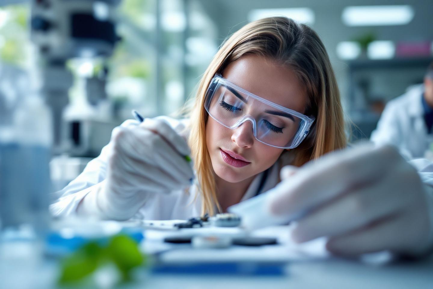 Femme concentr&eacute;e portant des lunettes de protection, travaillant avec des &eacute;chantillons
