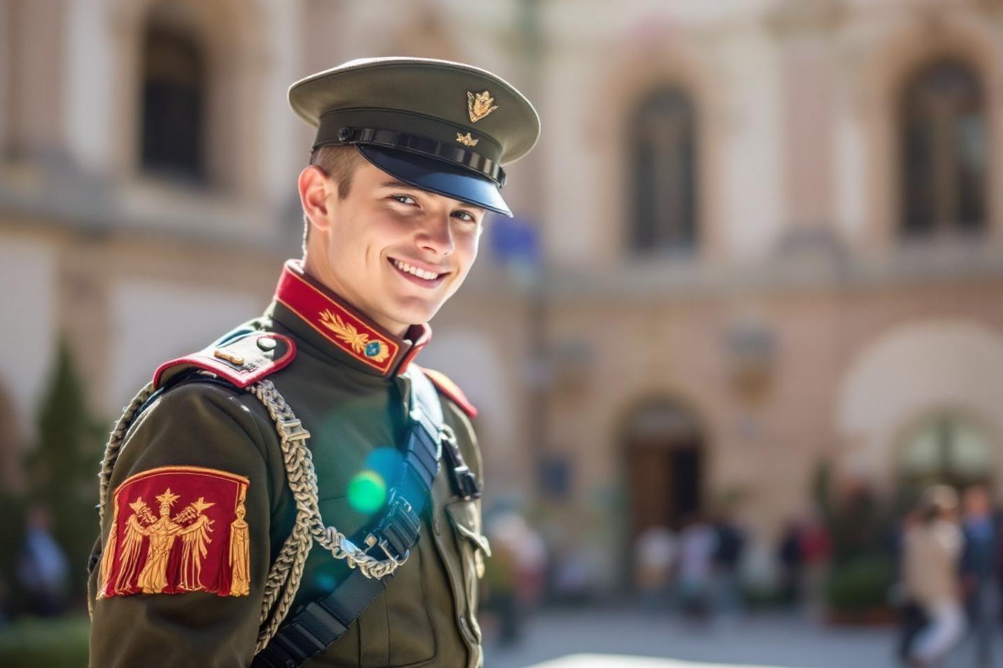 Jeune soldat en uniforme vert avec insigne, souriant