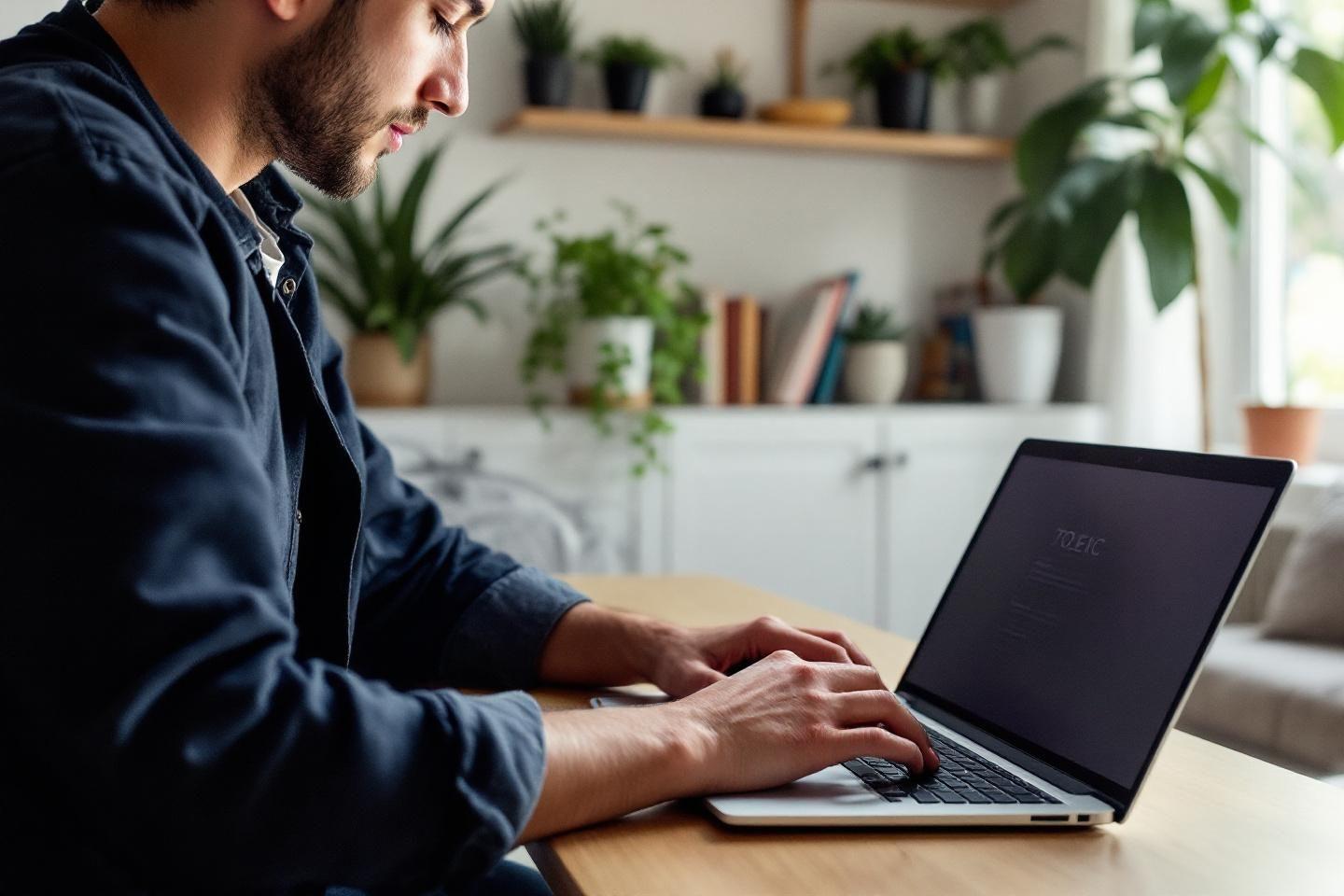Homme travaillant sur un ordinateur portable dans un intérieur verdoyant