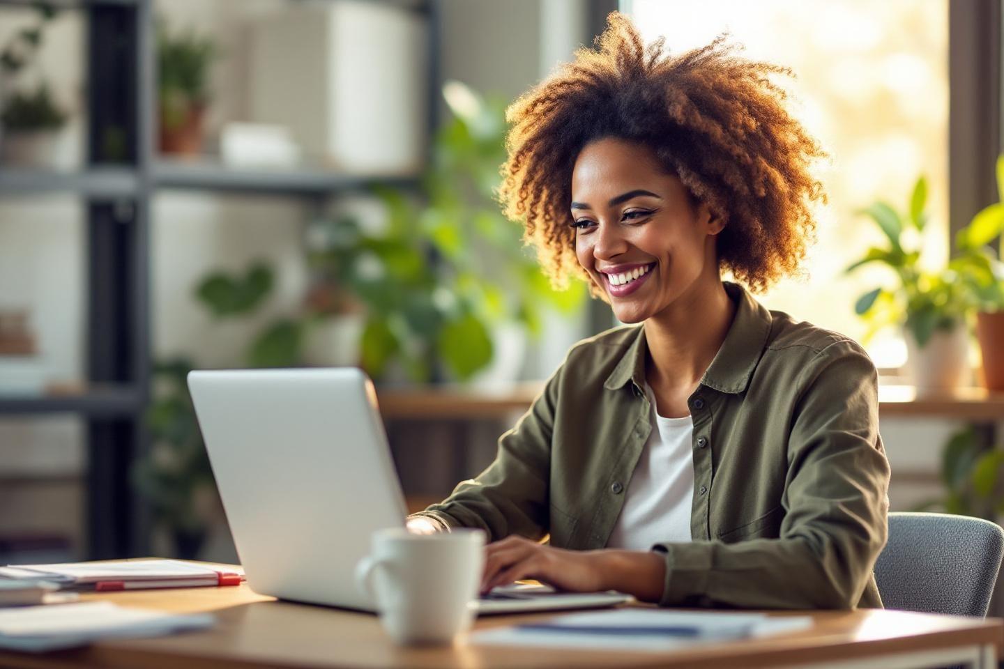 Femme heureuse travaillant sur ordinateur portable entourée de plantes vertes