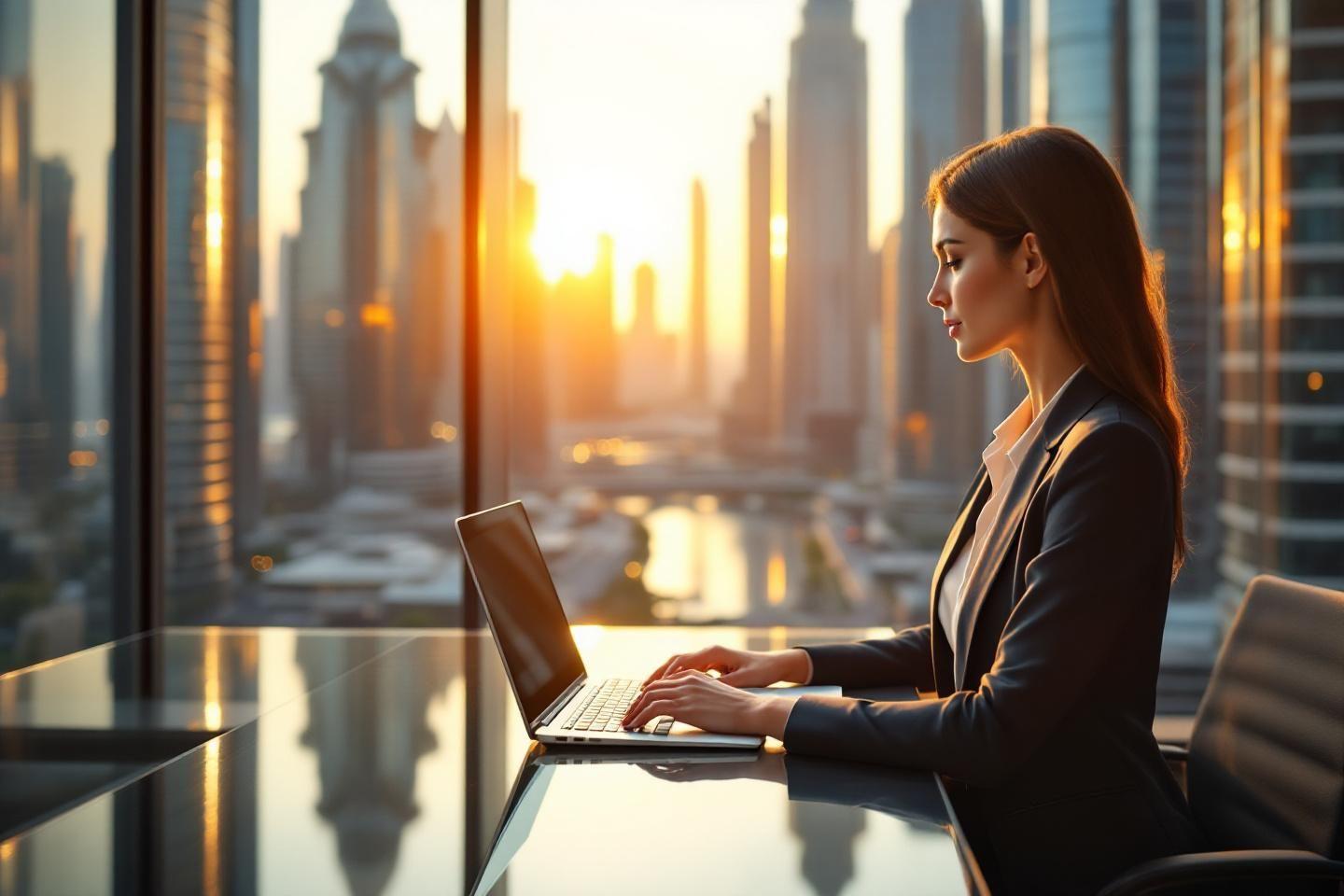 Femme d'affaires au laptop avec gratte-ciel de Dubai
