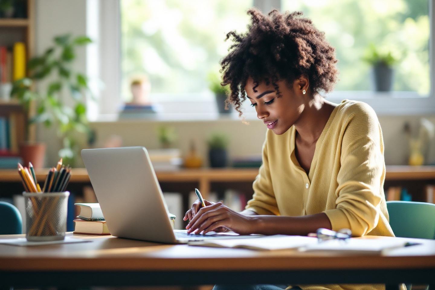 Femme concentrée travaillant sur ordinateur portable à table