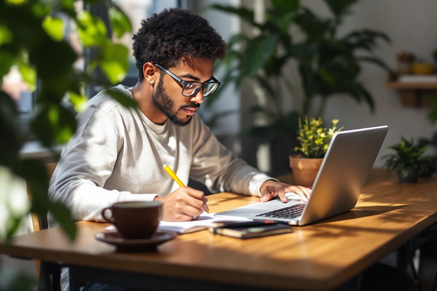 Homme travaillant sur ordinateur portable avec une tasse pr&egrave;s de plantes