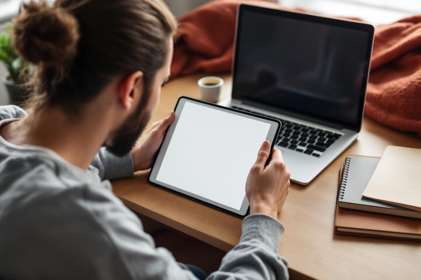 Personne utilisant une tablette et un ordinateur portable à un bureau