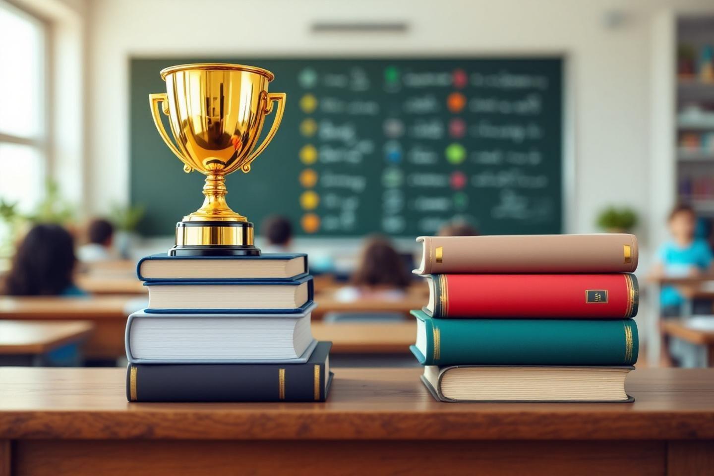 Trophée doré sur livres devant tableau noir en classe
