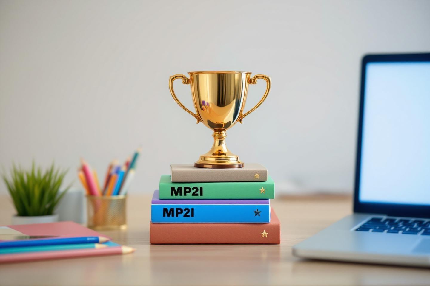 Coupe dorée posée sur des livres MP21 avec ordinateur portable
