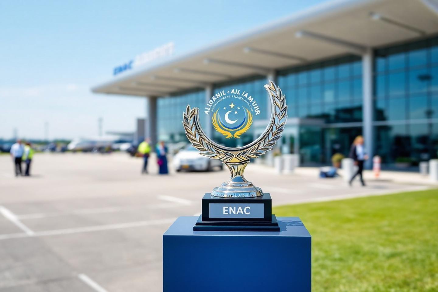 Trophée avec logo ENAC devant un bâtiment moderne
