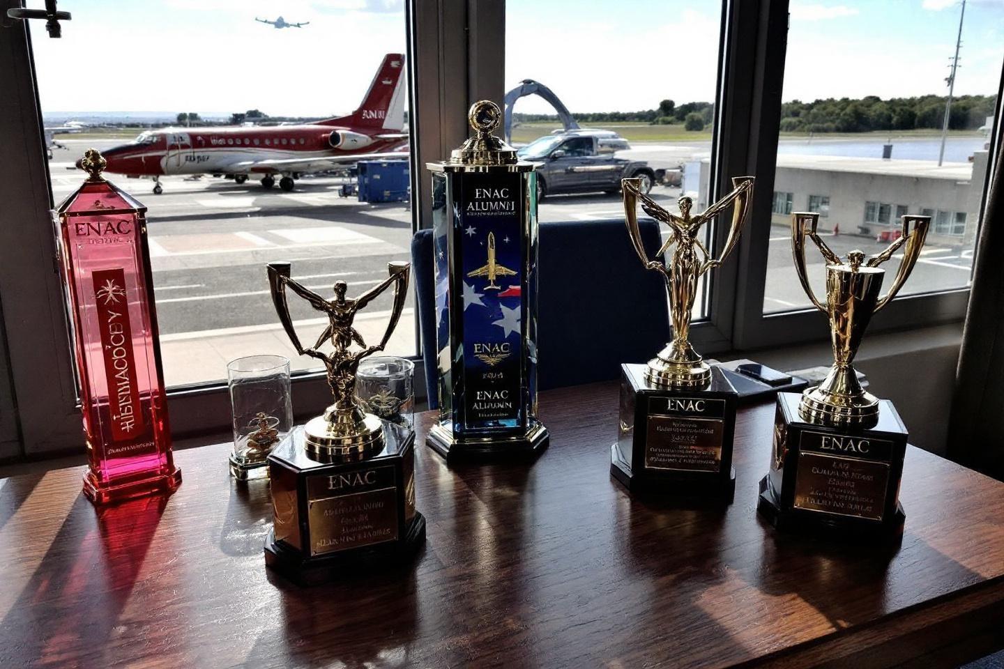 Prix a&eacute;ronautiques sur table avec avion rouge en arri&egrave;re-plan