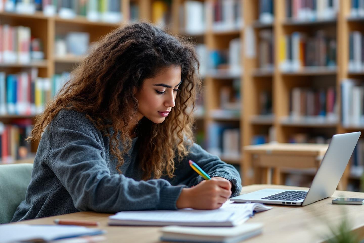 Étudiante concentrée écrivant et travaillant sur un ordinateur portable