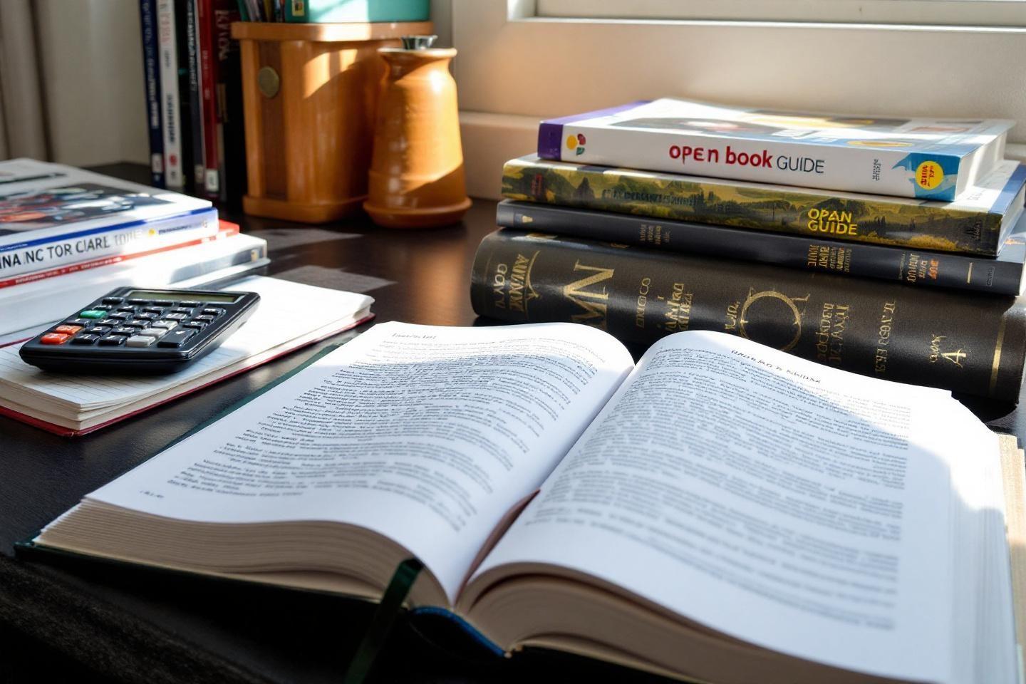 Livres ouverts, calculatrice et guides sur une table de travail