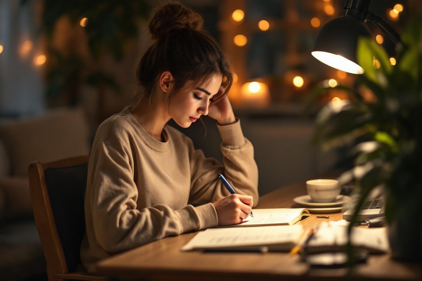 Femme &eacute;crivant &agrave; la table sous une lampe douce