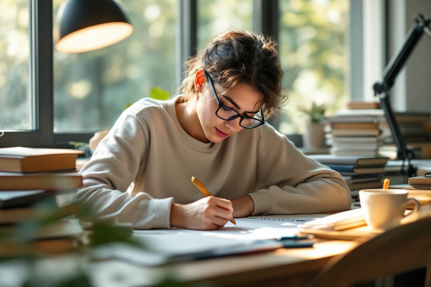 Personne concentr&eacute;e &eacute;crivant pr&egrave;s d'une fen&ecirc;tre avec des livres
