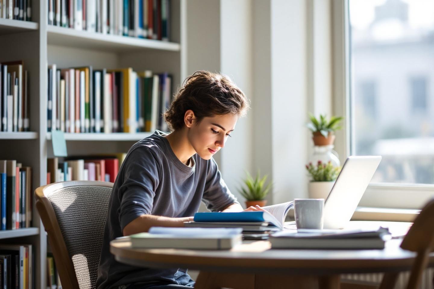 Jeune personne travaillant sur un ordinateur portable avec des livres