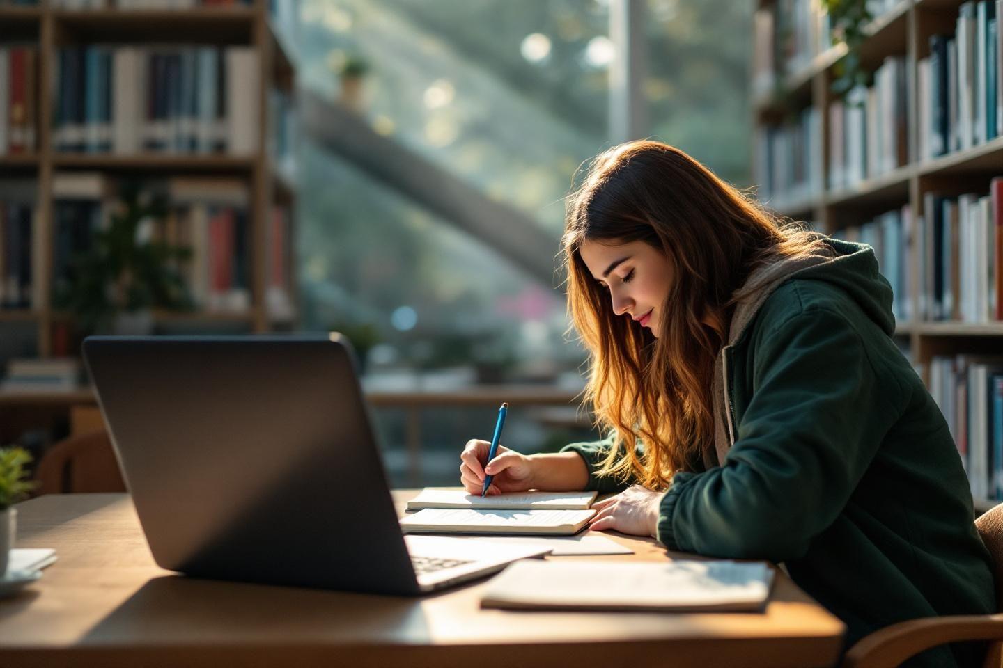 Jeune étudiante travaillant concentrée près d'un ordinateur portable