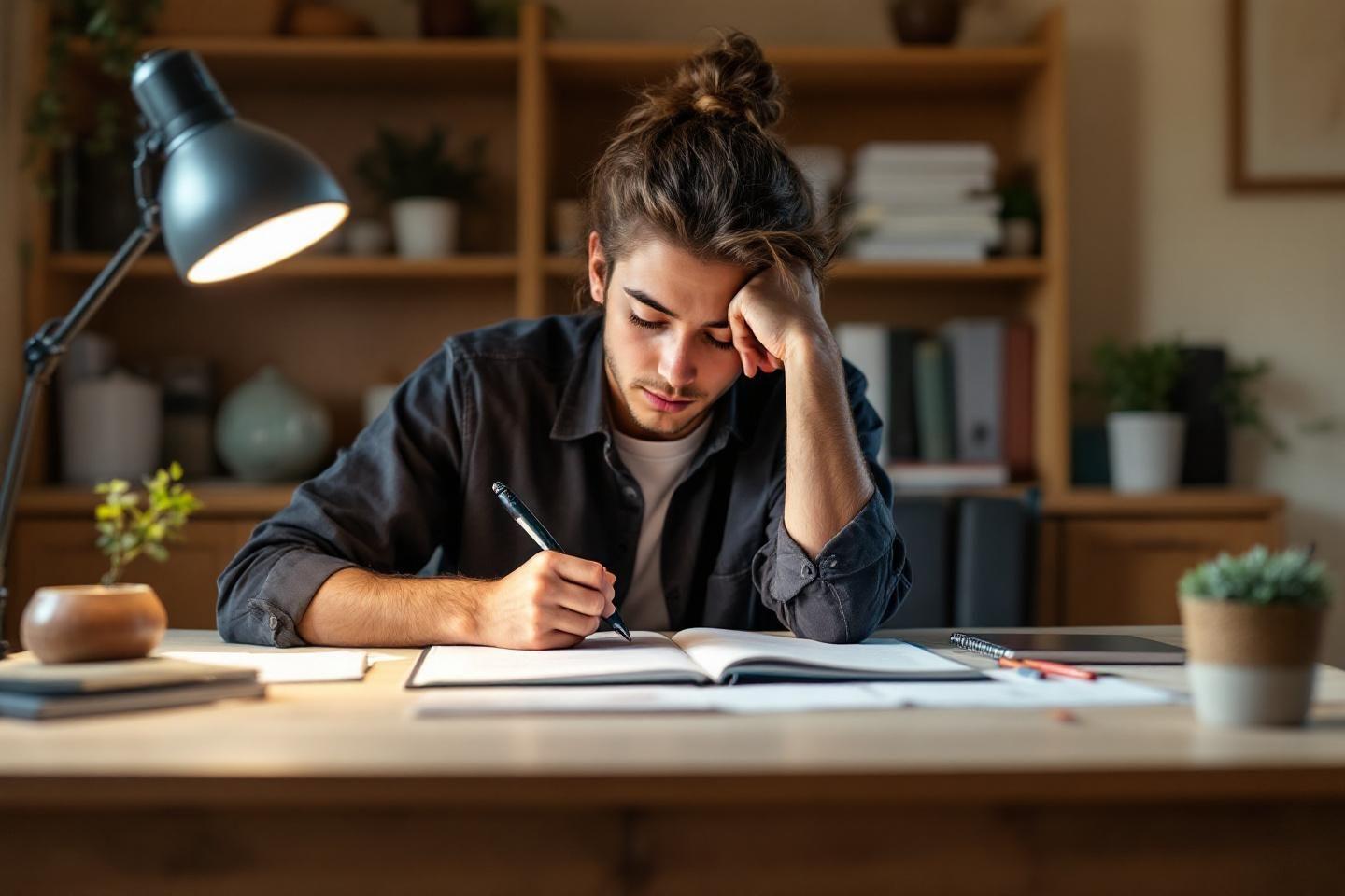 Jeune homme studieux &eacute;crivant sous une lampe de bureau