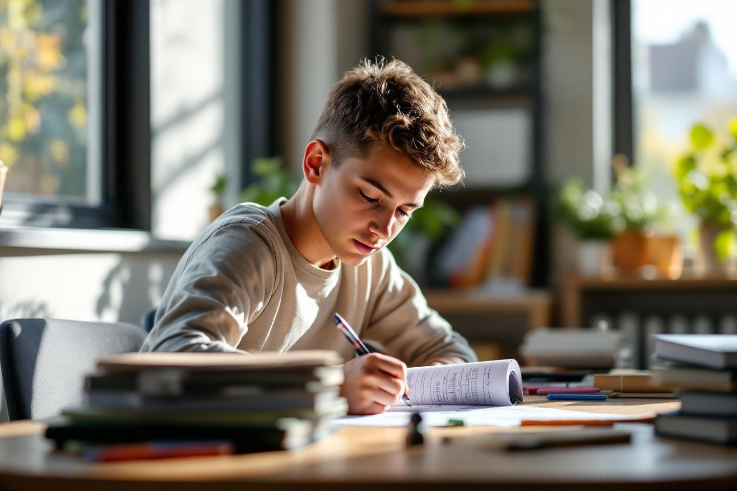 Jeune homme travaillant attentivement sur des documents pr&egrave;s d'une fen&ecirc;tre