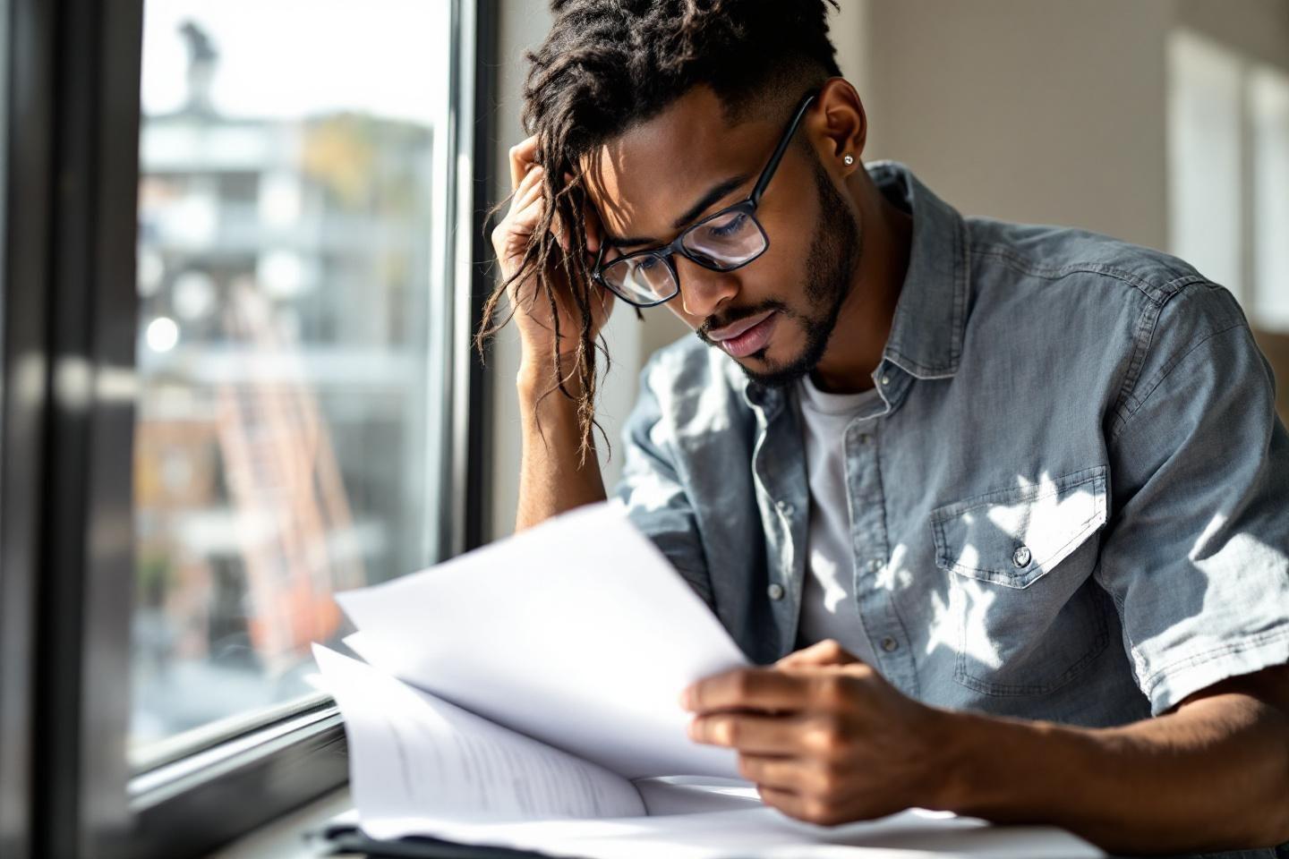 Jeune homme &agrave; lunettes lisant attentivement des papiers pr&egrave;s d'une fen&ecirc;tre
