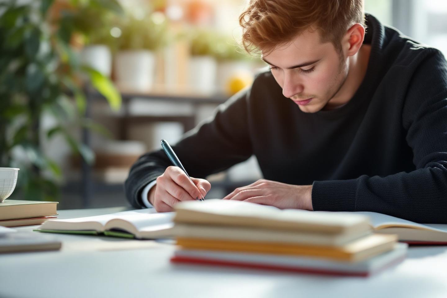 Jeune homme écrivant attentivement dans un livre entouré de manuels