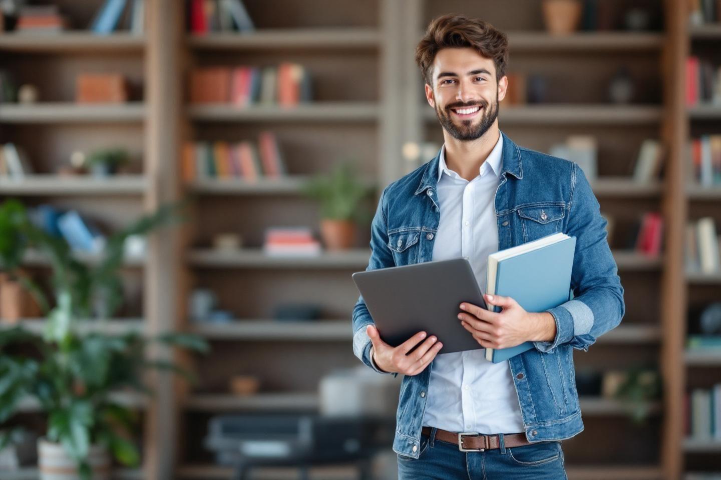 Jeune homme avec tablette et livre devant étagères