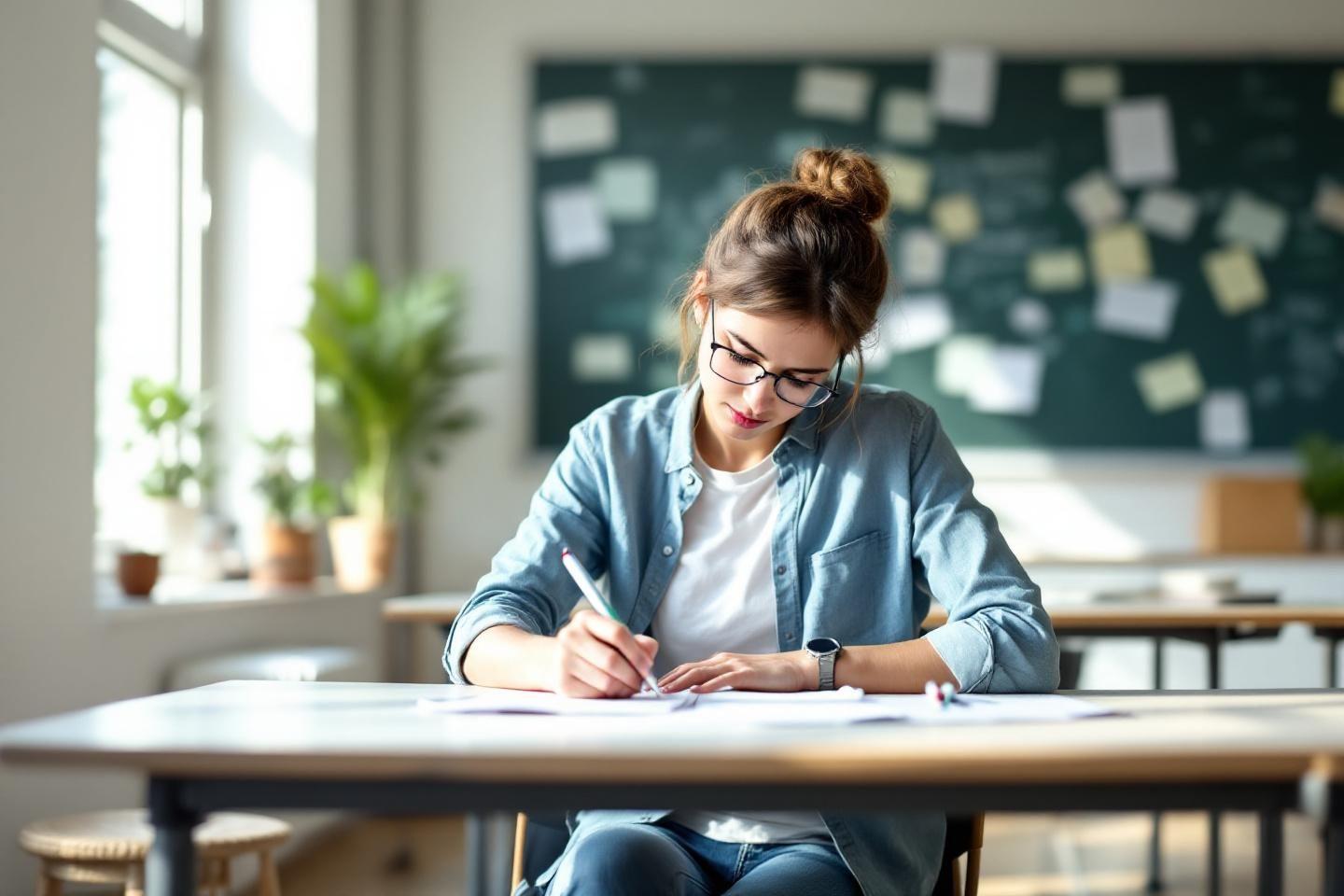 Une jeune femme &eacute;crit attentivement dans un bureau lumineux