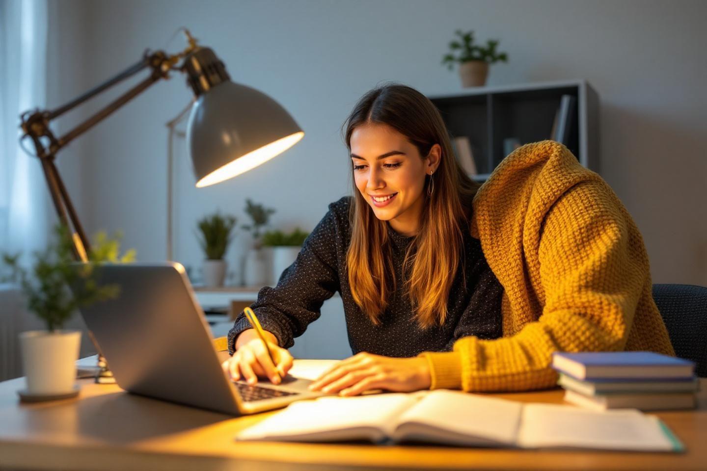 Femme souriante étudiant près d'une lampe de bureau jaune