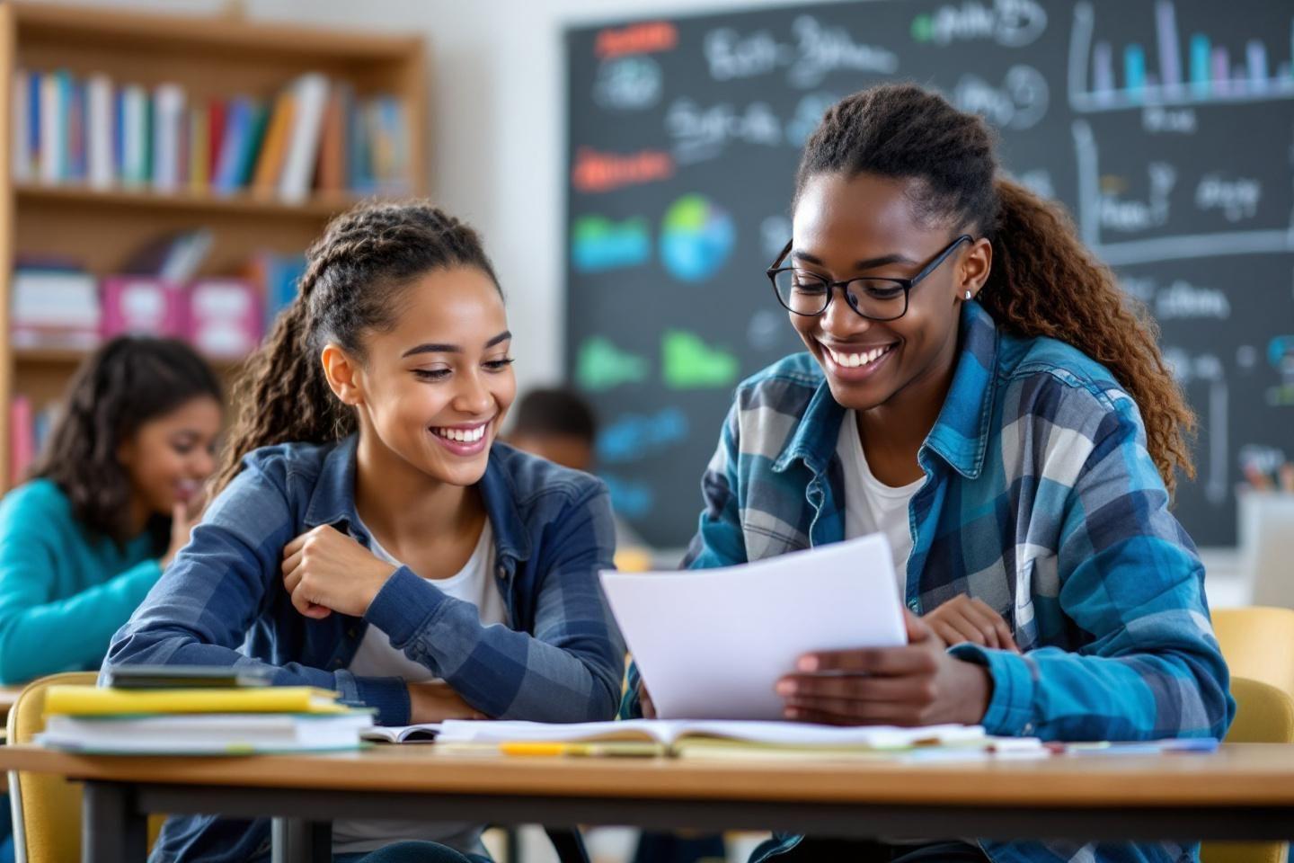 Deux &eacute;tudiantes travaillant ensemble avec enthousiasme en salle de classe