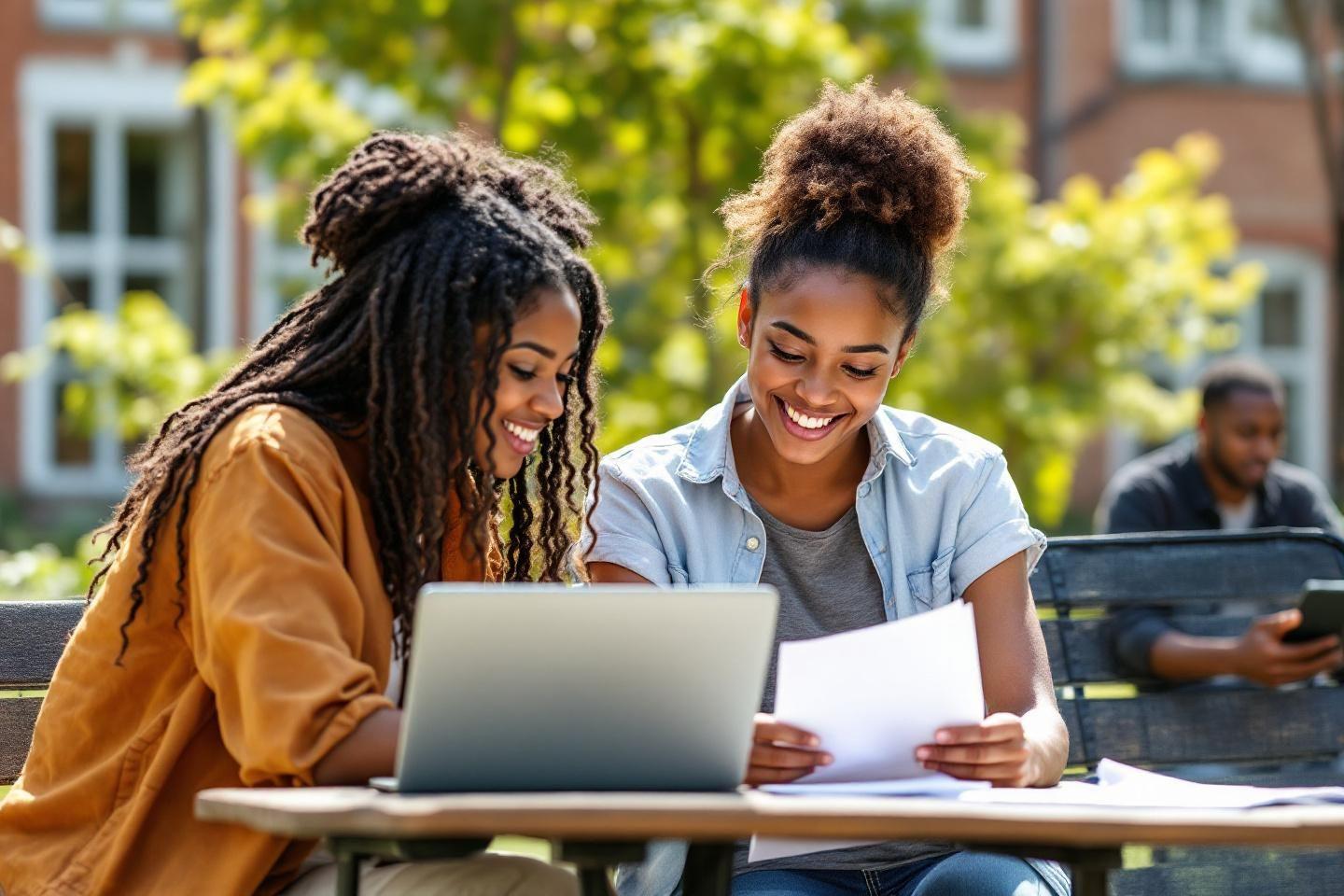 Deux jeunes femmes souriantes &eacute;tudiant sur un ordinateur portable