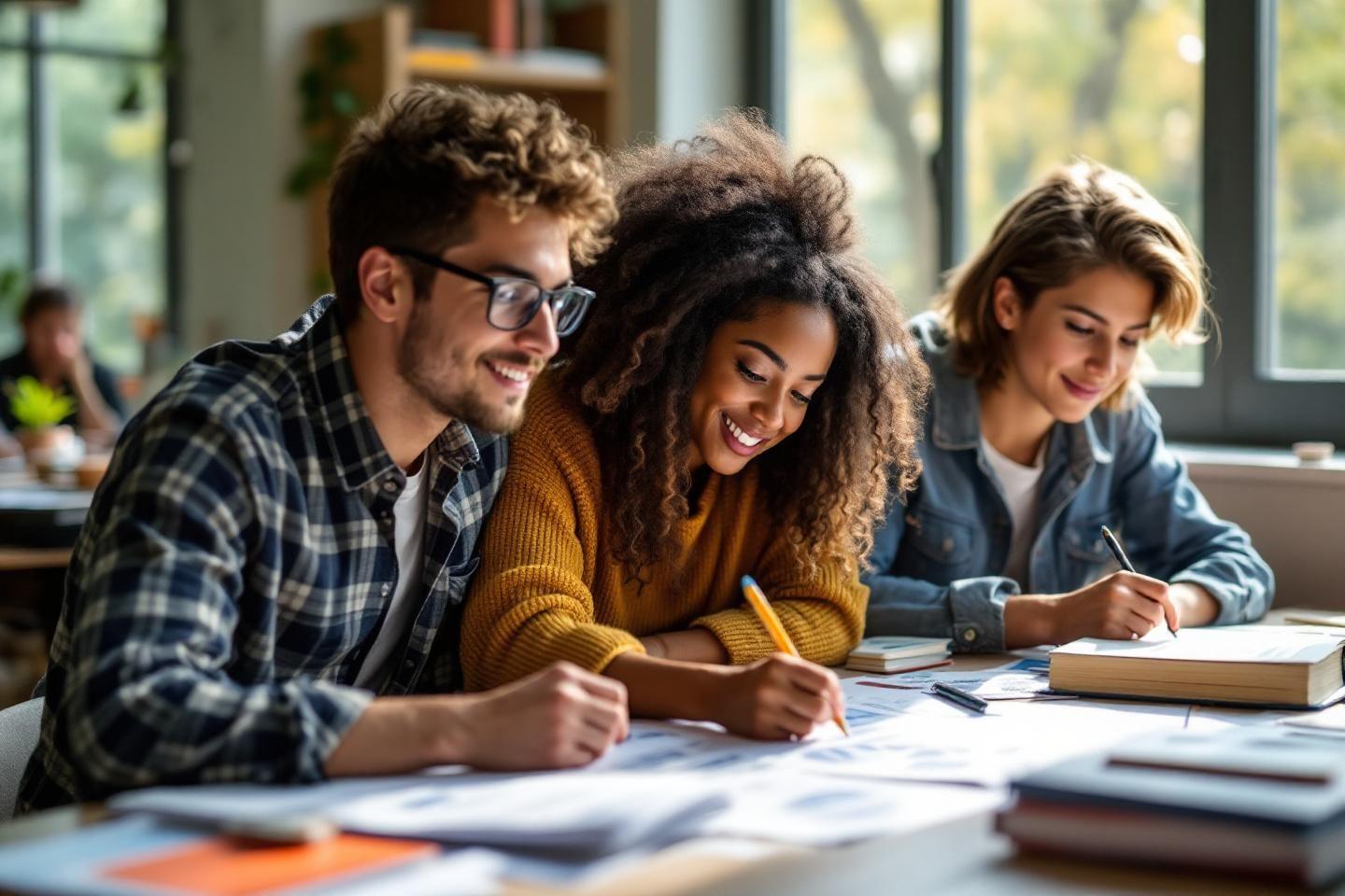 Trois jeunes concentr&eacute;s &eacute;tudiant dans un environnement lumineux