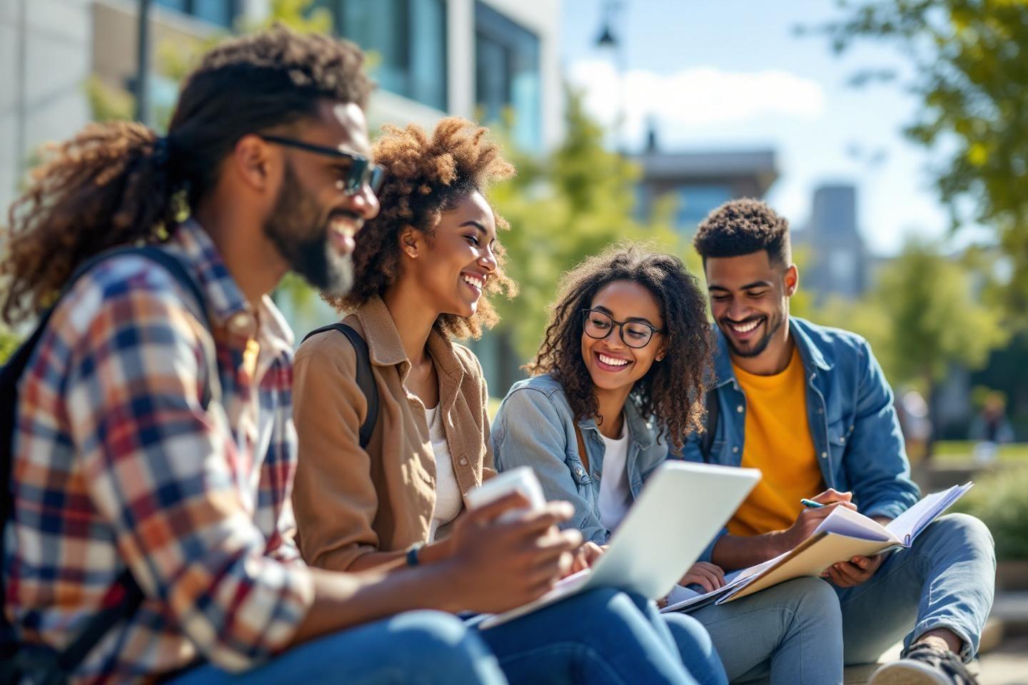 Groupe diversifi&eacute; d'&eacute;tudiants souriant et &eacute;tudiant &agrave; l'ext&eacute;rieur