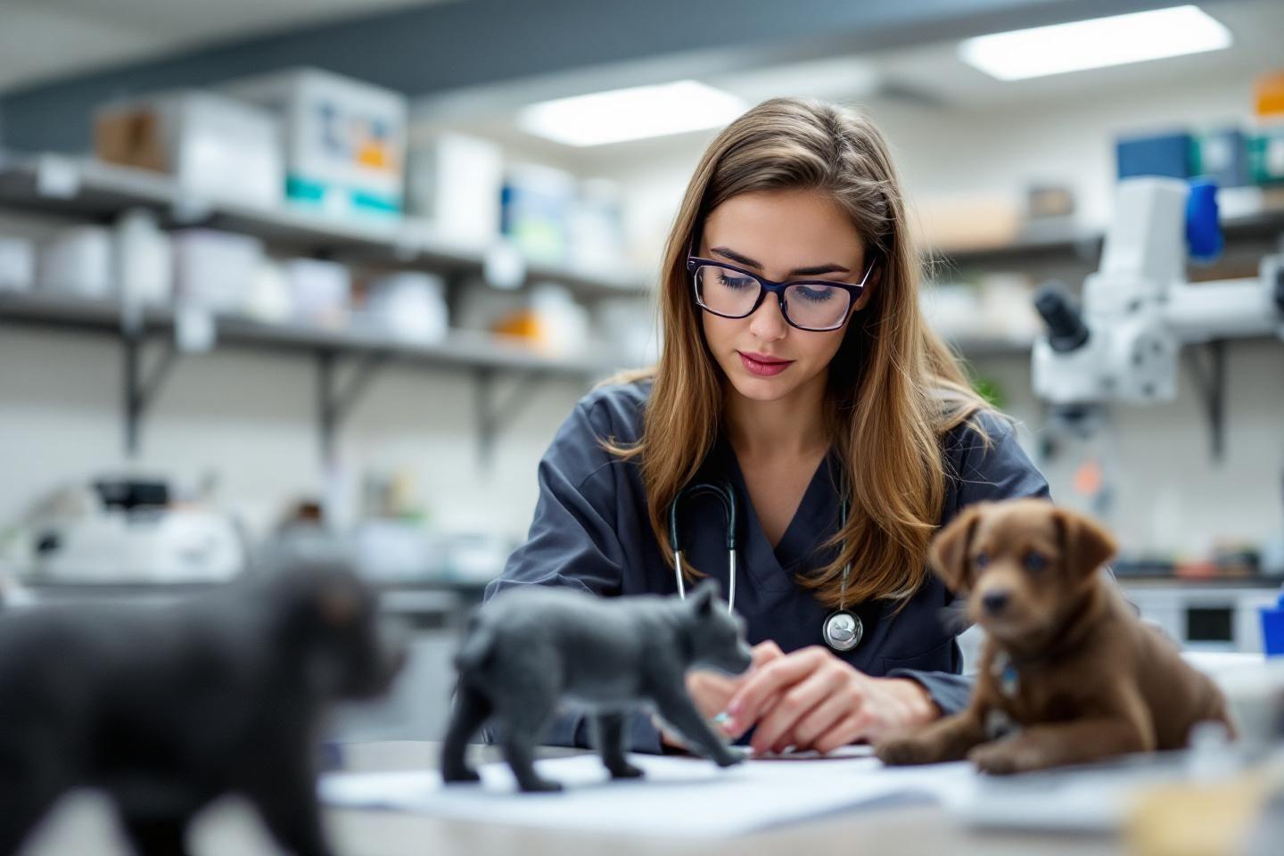 Professionnelle en blouse examinent des chiots dans un laboratoire médical