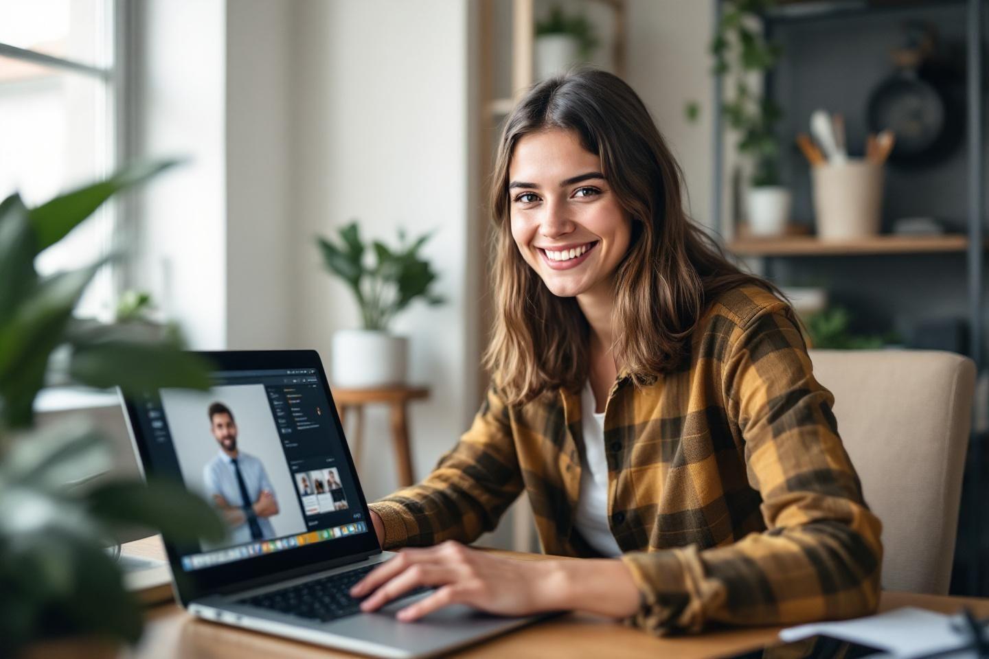 Jeune femme travaillant sur ordinateur portable avec sourire chaleureux