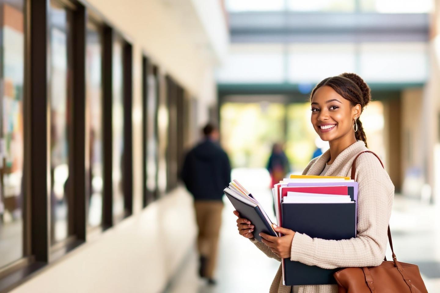 Jeune femme avec des livres souriante dans un couloir universitaire