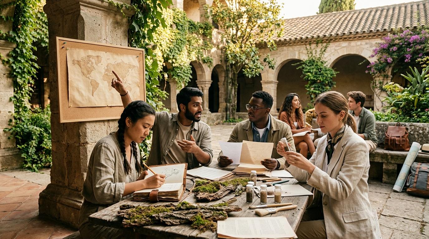 Groupe d'artistes dessinant dans une cour historique avec arcade