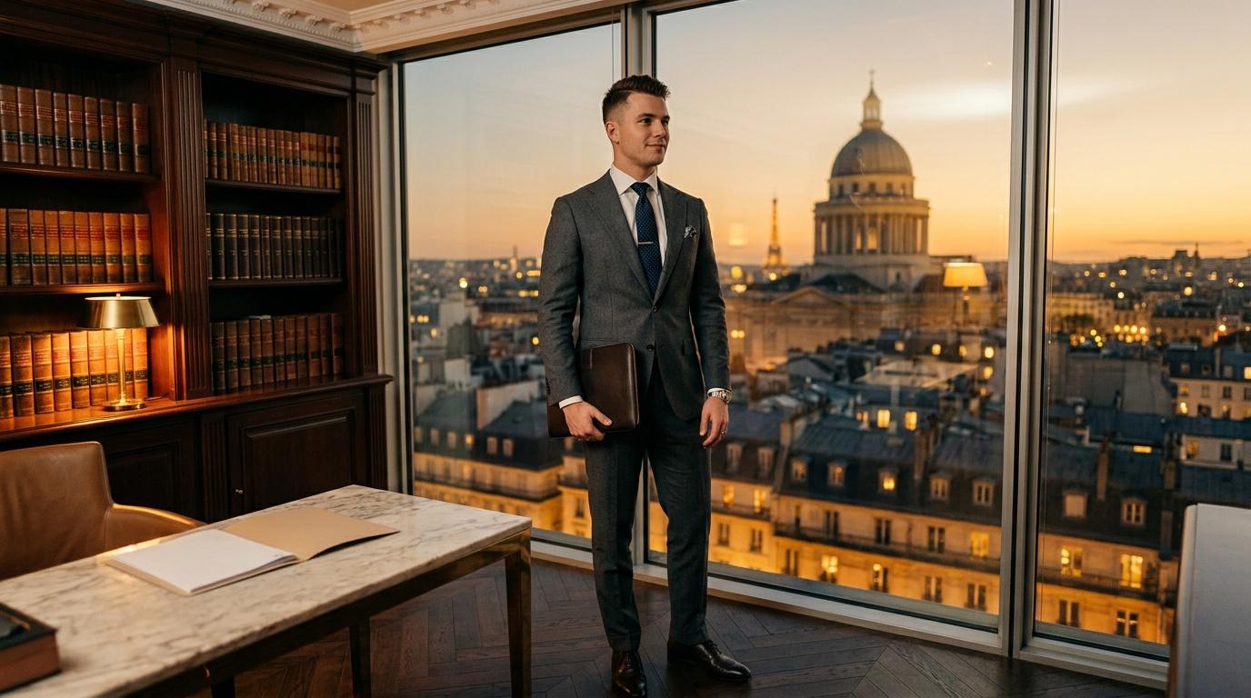 Homme en costume gris dans un bureau avec vue sur le Panth&eacute;on &agrave; Paris