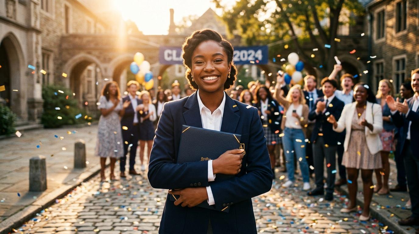 Femme souriante en costume bleu tenant un dossier lors d'une célébration