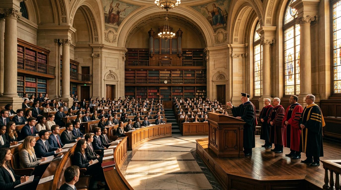 Professeurs en robes acad&eacute;miques lors d'une c&eacute;r&eacute;monie universitaire solennelle.