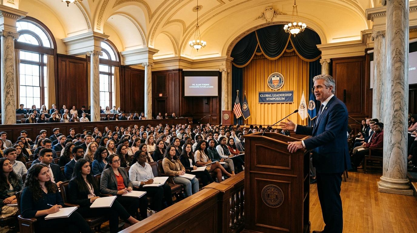 Conf&eacute;rencier s'adresse &agrave; une audience dans une salle majestueuse.