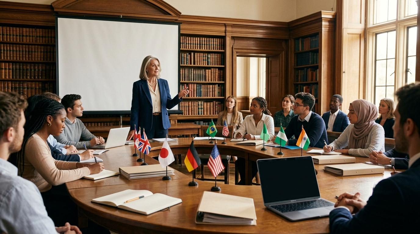 Femme présentant devant délégués internationaux en bibliothèque