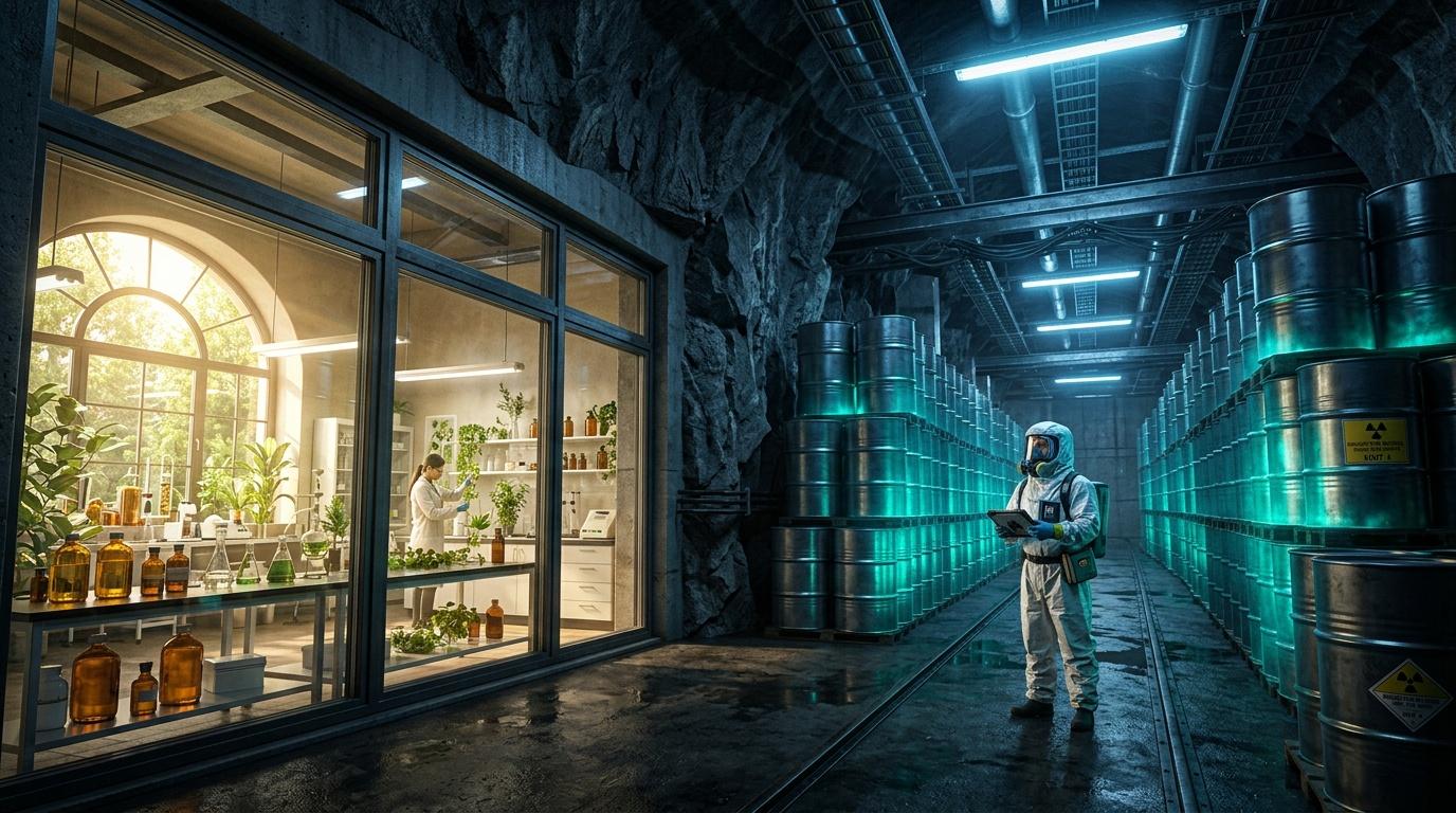 Chercheur en combinaison protectrice dans bunker radioactif souterrain.
