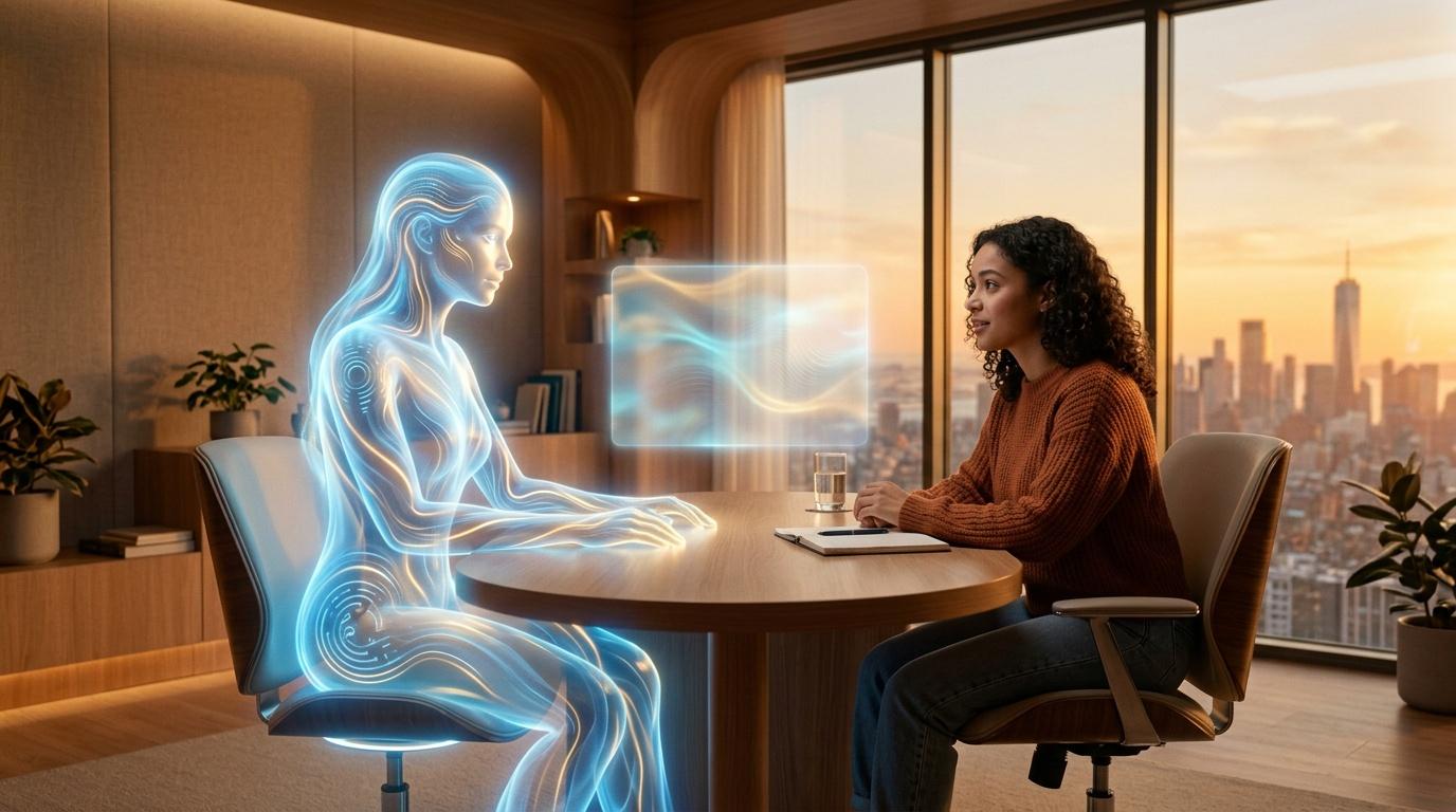 Femme discutant avec avatar numérique bleu luminescent en bureau high-tech