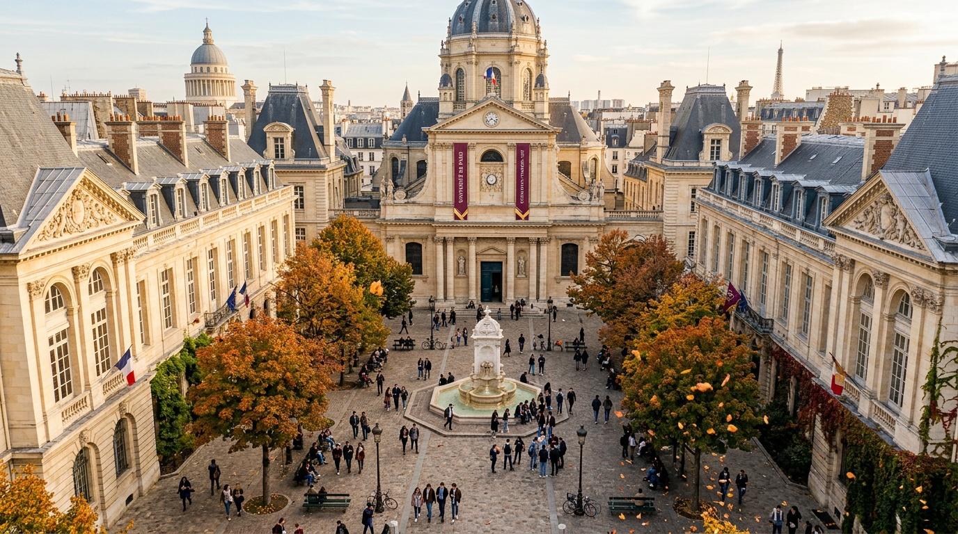 Cour historique de la Sorbonne avec chapelle et bâtiments classiques