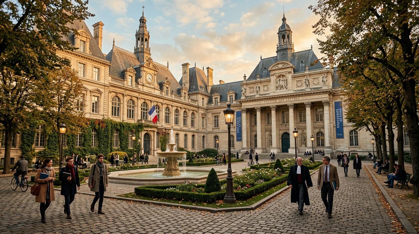 Cour avec fontaine, bâtiments classiques, arbres automne, personnes