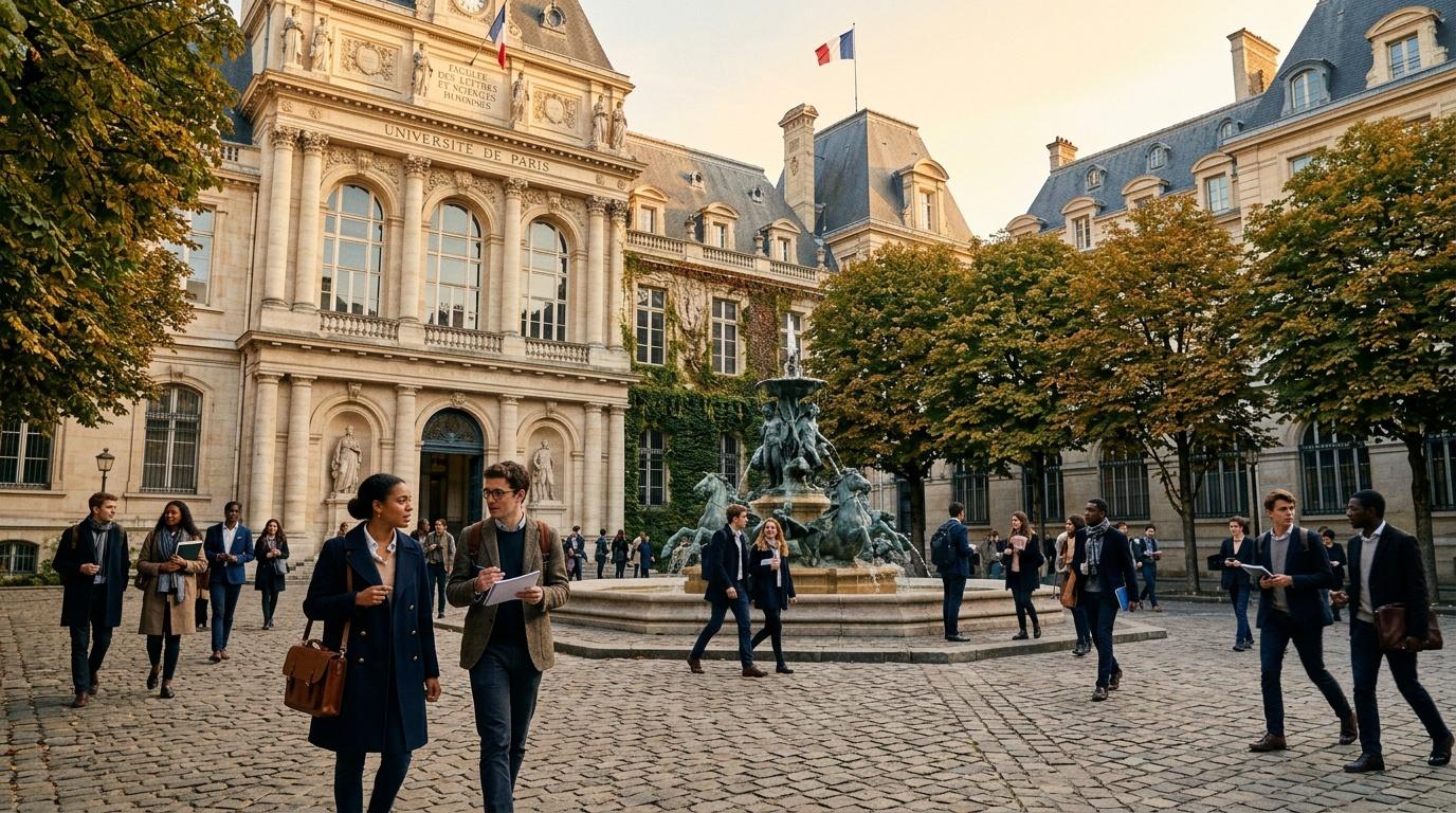 Cour historique Université Paris avec étudiants et fontaine