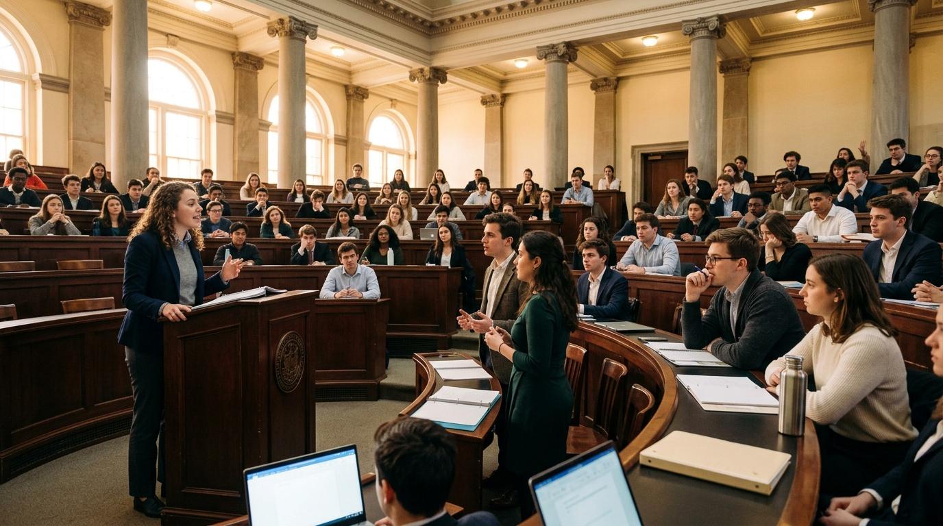 Étudiants en droit suivant un cours dans un tribunal historique.