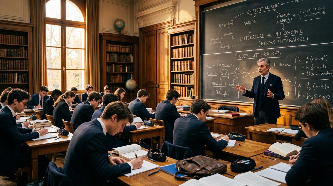 Professeur enseigne la philosophie à des étudiants en classe élégante