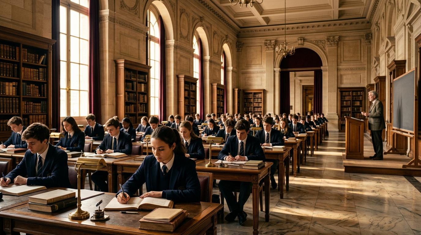 &Eacute;tudiants en uniforme suivant un cours dans une grande biblioth&egrave;que classique