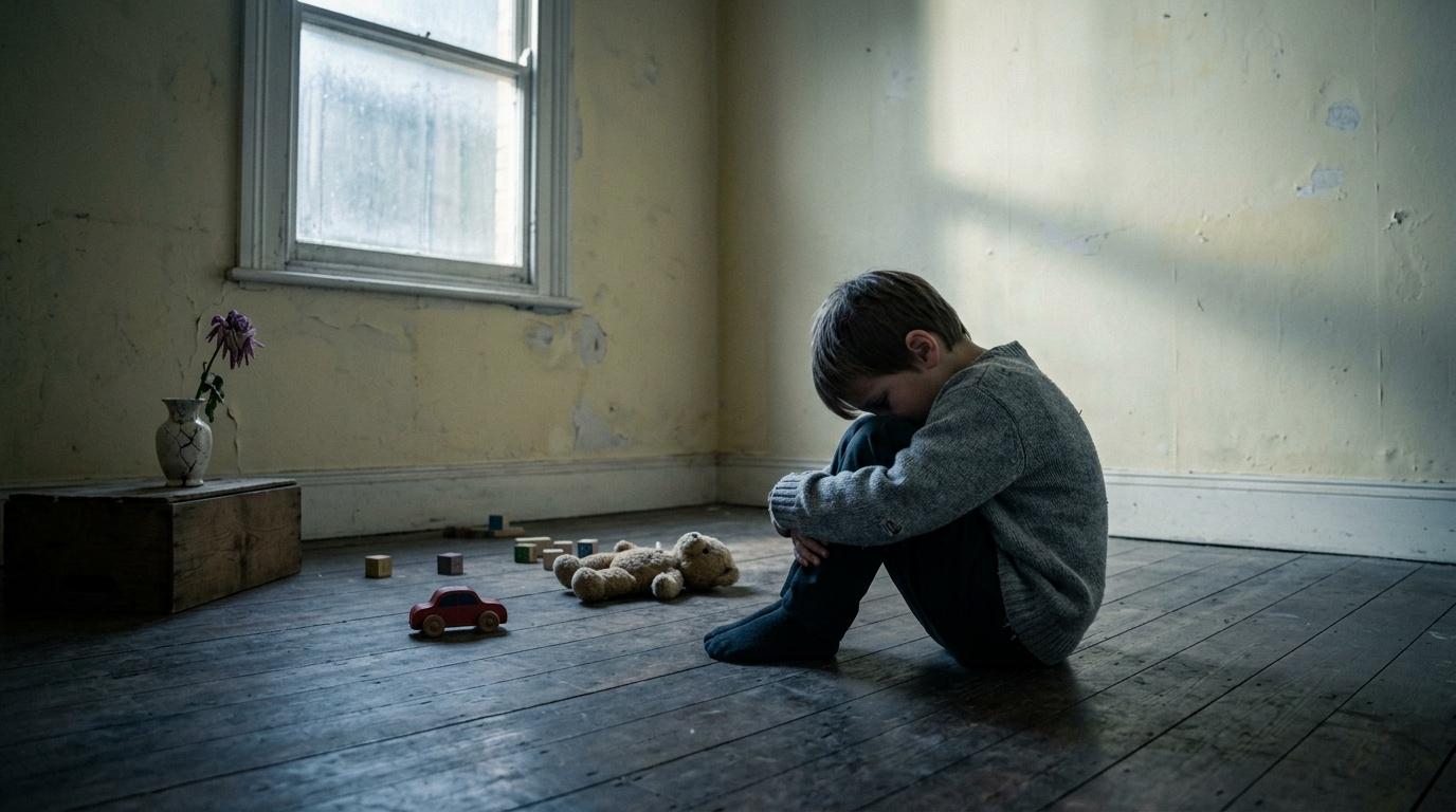 Enfant assis seul dans une pièce vide avec des jouets