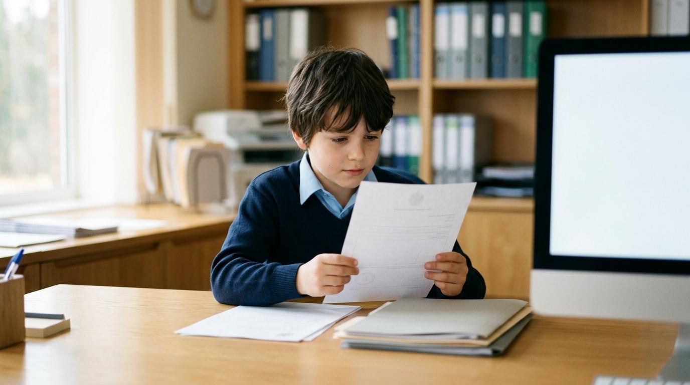 Jeune garçon en uniforme scolaire lisant un document en classe
